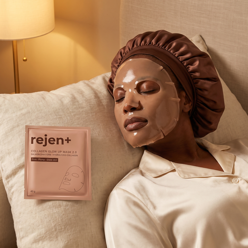 Woman relaxing with the rejen+ Collagen Glow Up Mask 2.0