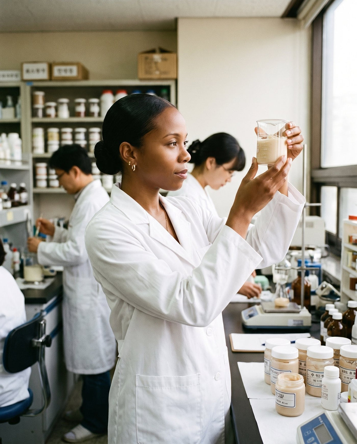 Tasha as a young chemist in a Seoul cosmetics lab